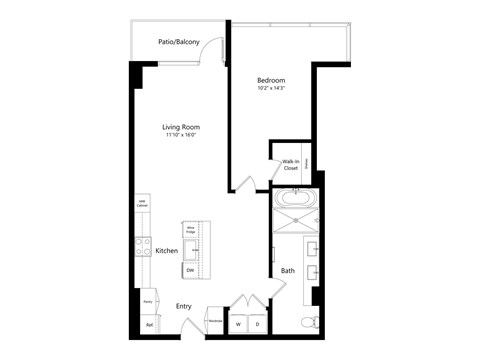 A floor plan of a small apartment with a living room, bedroom, kitchen, and bathroom.